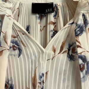 Kaii Cream Pleated V-Neck Blouse with Blue and Brown Floral Print